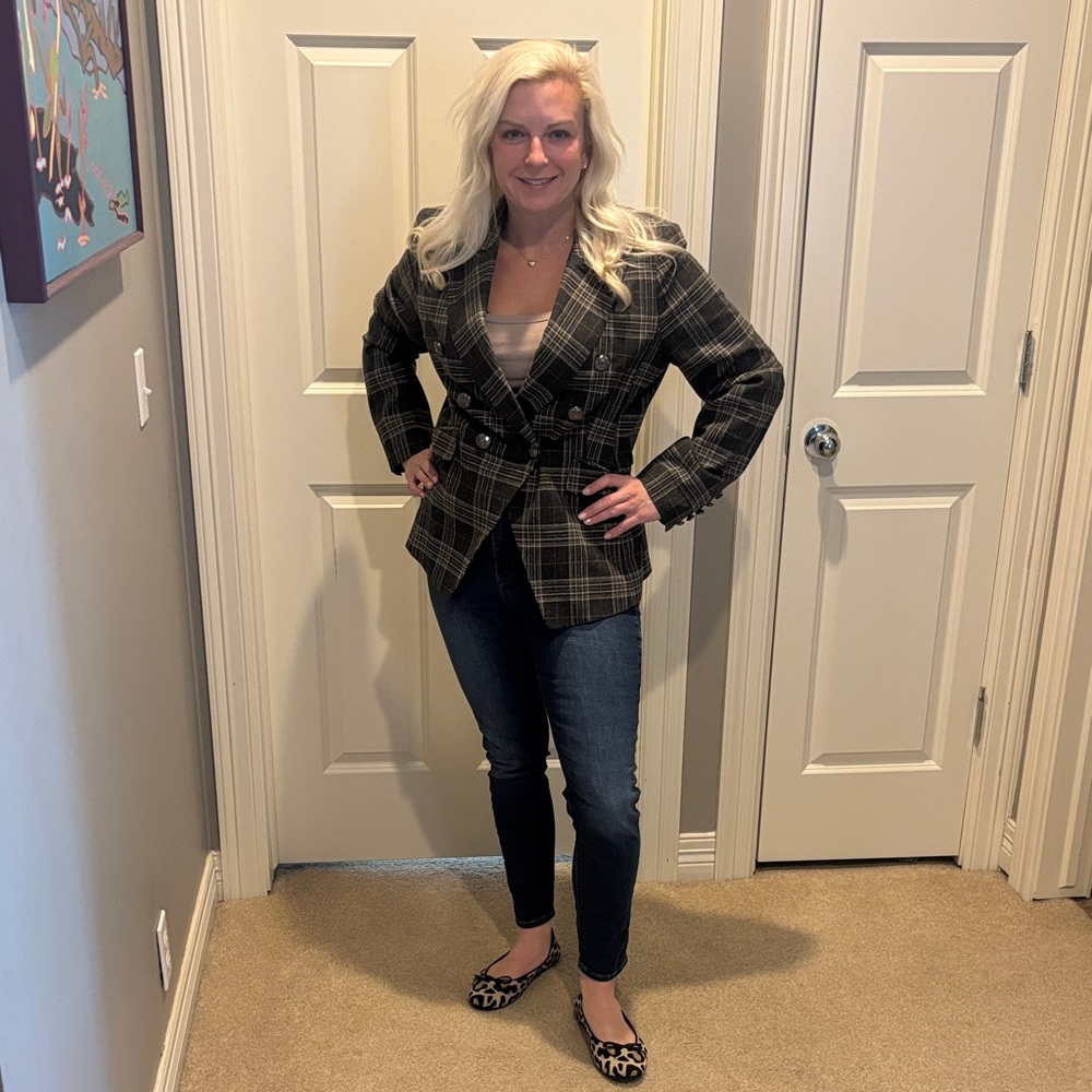 Banana Republic Black and Olive Plaid Double-Breasted Blazer